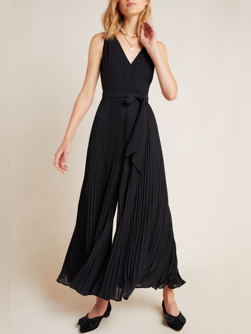 Anthropologie Black Pleated Halter-Waist Jumpsuit